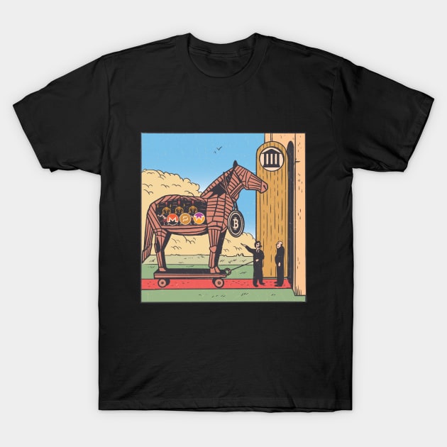 Pirate Chain Monero Wownero Bitcoin Trojan Horse T-Shirt by UNDERGROUNDROOTS